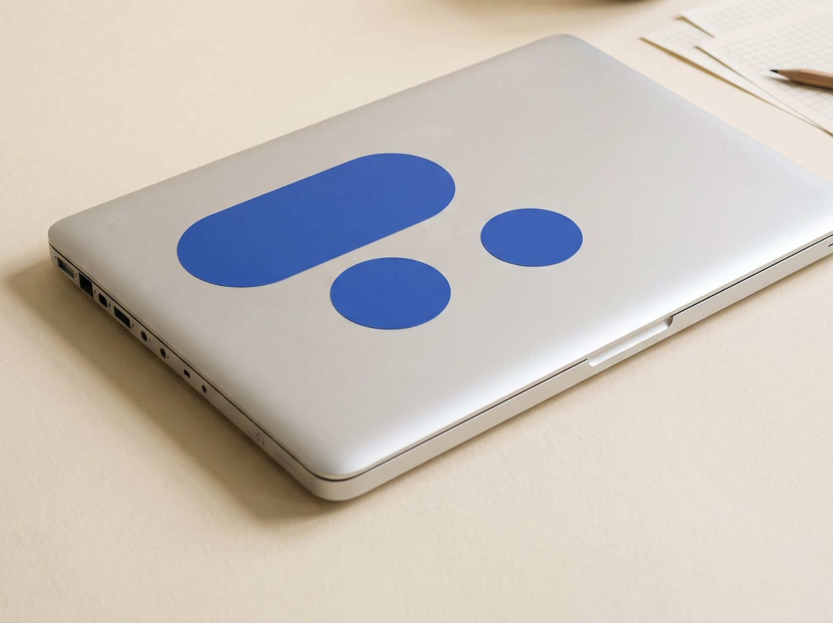 A closed silver laptop with three blank blue decals on the lid
